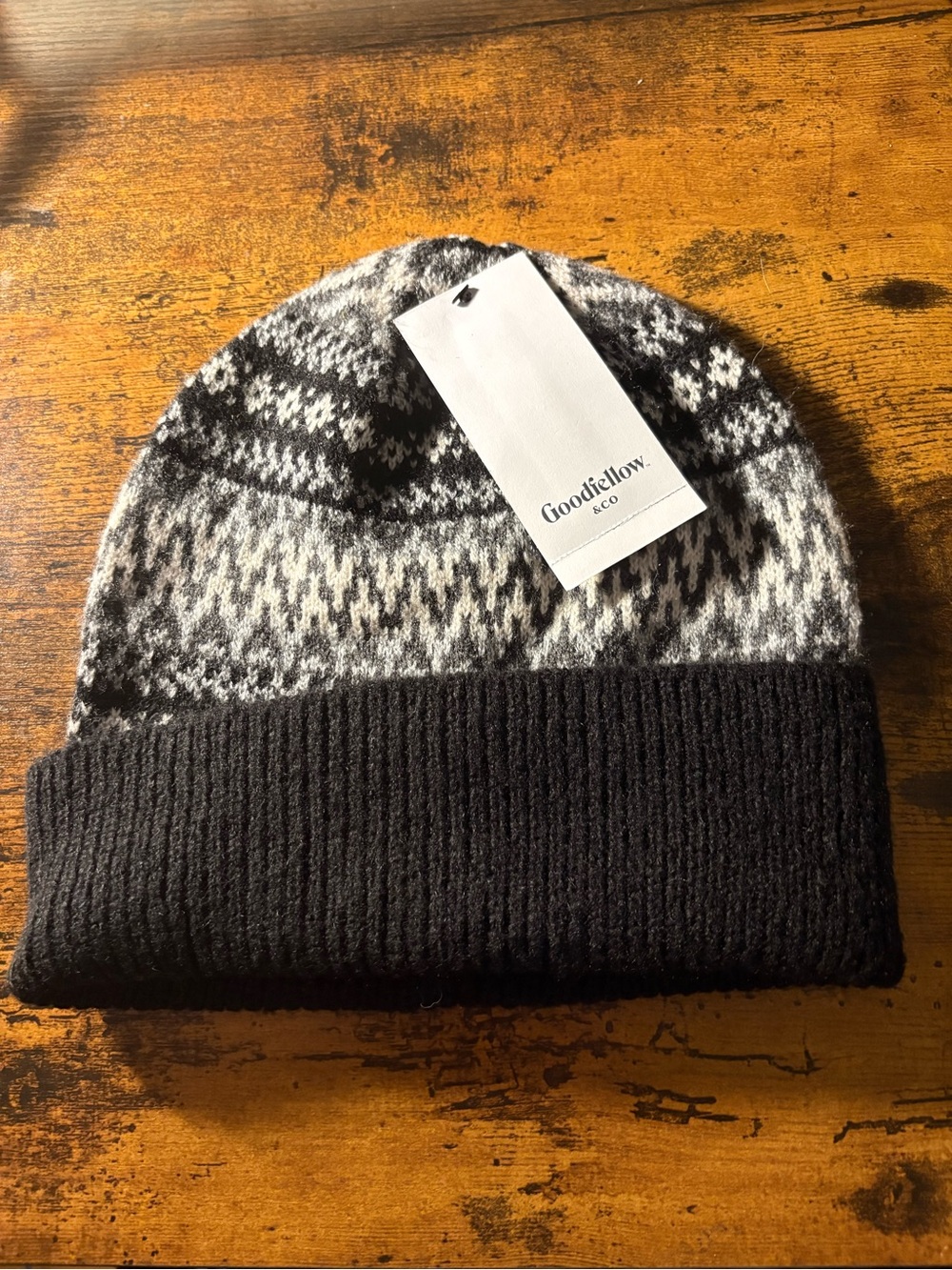 NWT Goodfellow & Co Men’s Fair Isle Knit Cuffed Beanie Hat Black Gray One Size